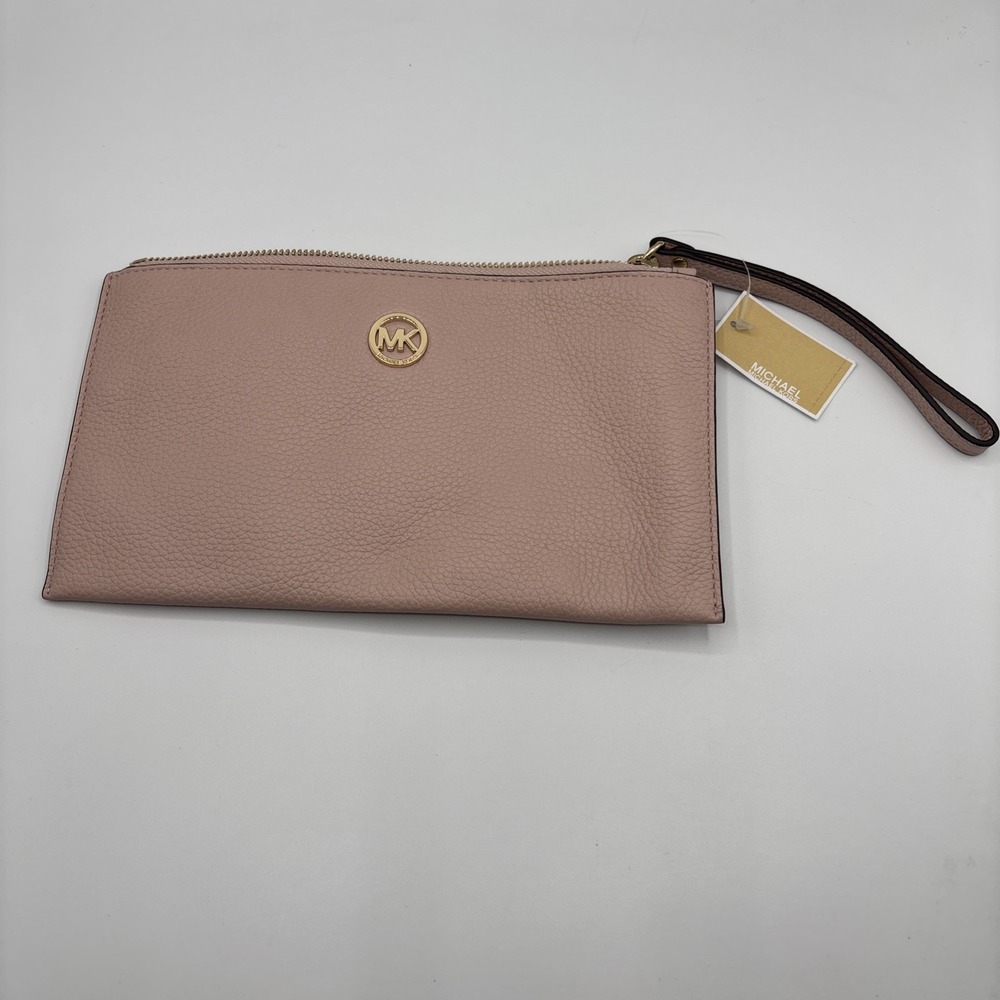 NEW Michael Kors Fulton Large Pebbled Leather Zip Wristlet Clutch Wallet Blush